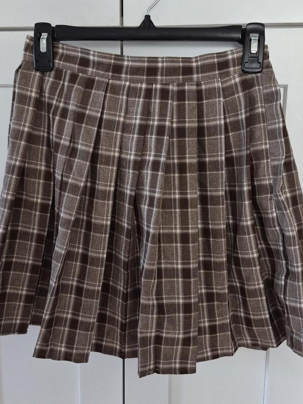 Brown Plaid Pleated Skater Mini Skirt
